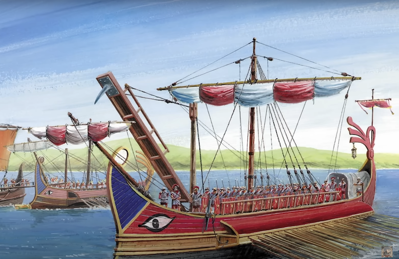 A Roman ship with a corvus